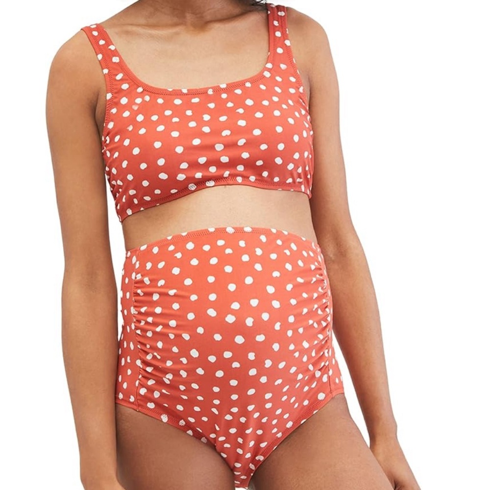 Maternity 2 Piece Swimsuit Set, UPF 50+, Orange and White Polka Dot
